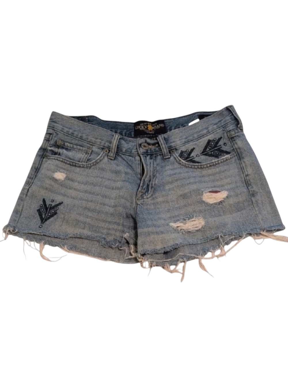 Lucky Brand Blue Jean Shorts with Frayed Hem and Distressed Details 4/27